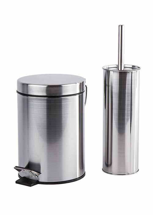 Bathroom Set 2 Pieces Toilet Brush & Waste Bin Silver Ace Hardware