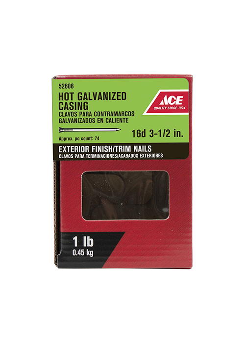 Ace 16D 3-1/2 in. Casing Hot-Dipped Galvanized Steel Nail Brad Head 1 lb Ace 16D 3-1/2 in. Casing Hot-Dipped Galvanized Steel Nail Brad Head 1 lb