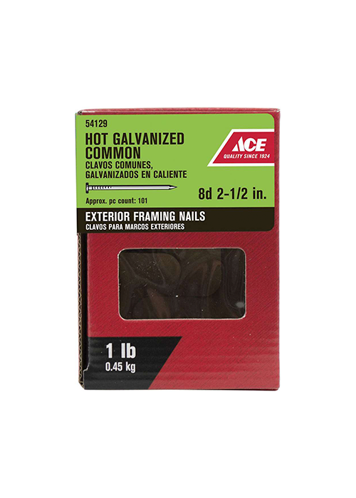 Ace 8D 2-1/2 in. Common Hot-Dipped Galvanized Steel Nail Flat Head 5 lb Ace 8D 2-1/2 in. Common Hot-Dipped Galvanized Steel Nail Flat Head 5 lb